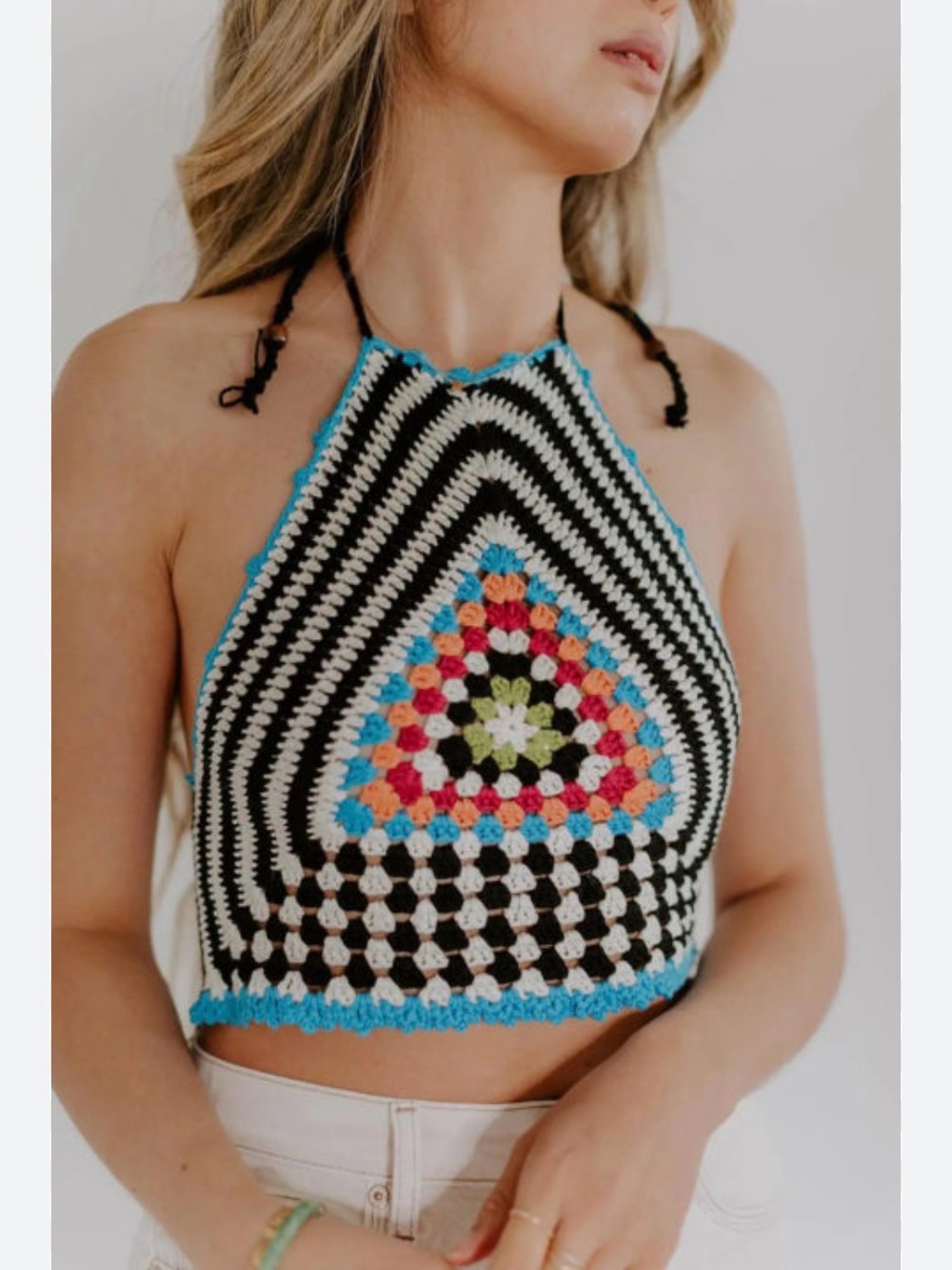 Love + Harmony UO blue crochet knit crop halter top multicolored M cottagecore